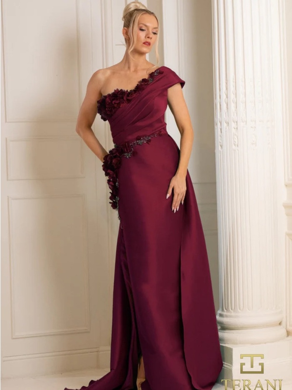 Terani Couture 252E5116 One-Shoulder Wine Evening Gown
